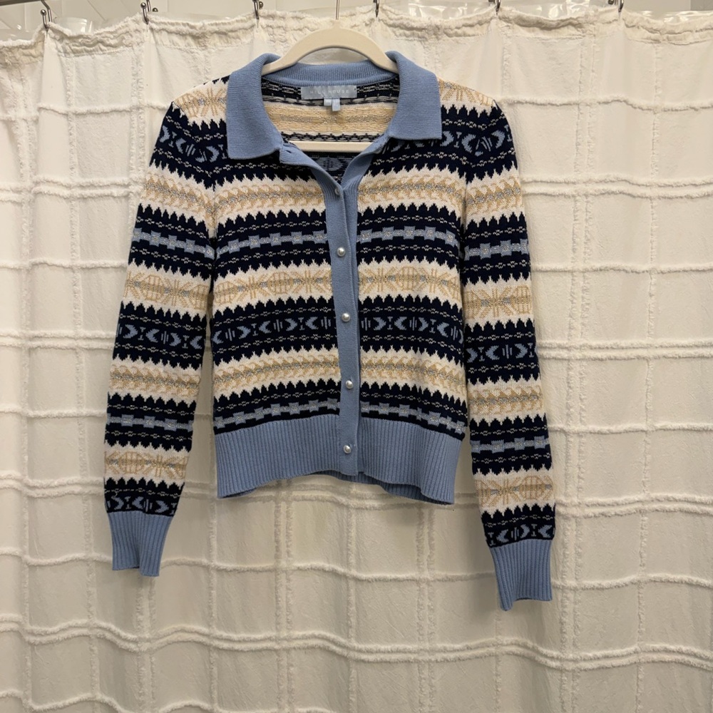 Hill House Navy and Cream Patterned Cardigan - Picture 2 of 5